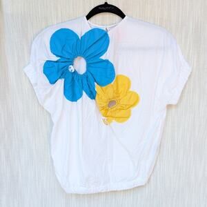 Marianna Senchina White Floral Applique Short Sleeve Blouse Top, size S